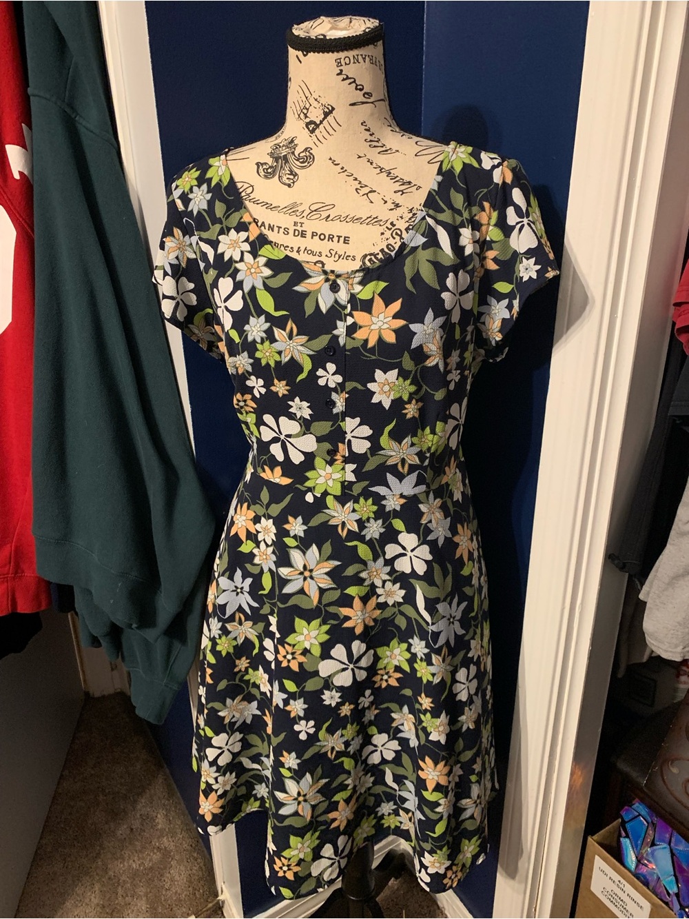 ModCloth Navy Floral Fit-and-Flare Dress with Green and Pink Accents